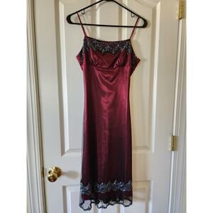 Betsey Johnson Evening 6 Beaded Mesh Midi Slip Dress Burgundy Black Vintage 90s